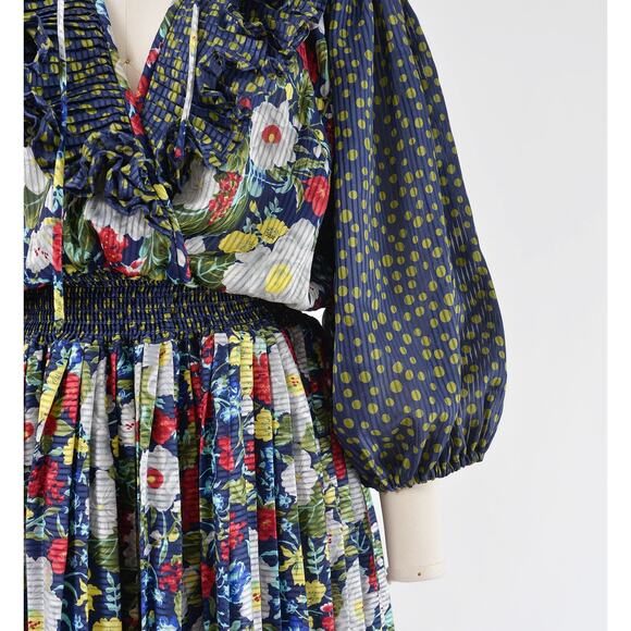 Vintage 80s Blue Floral Ruffle Neck Balloon Sleeve Pleated Midi Dress size S M - Picture 4 of 9